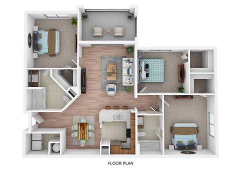 Floor plan for 3 beds, 2 baths, 1300 sqft